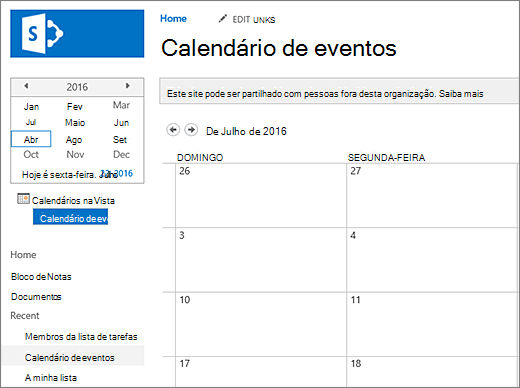 Exemplo de uma aplicação de lista de calendários.