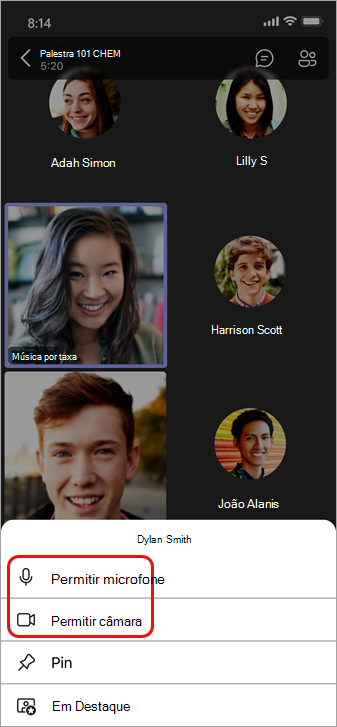 Selecione Permitir para ativar o som ou Permitir partilhar vídeo