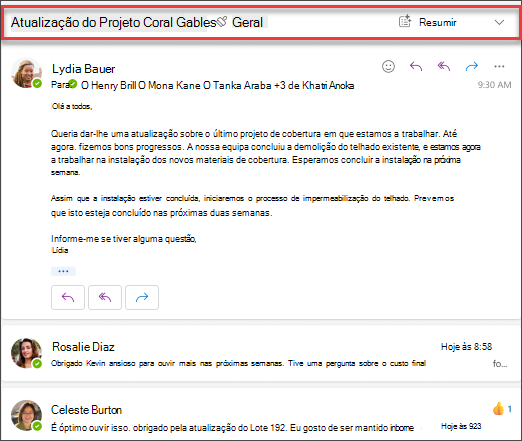 Clique em Resumir para obter um resumo da conversação de e-mail pelo Copilot.