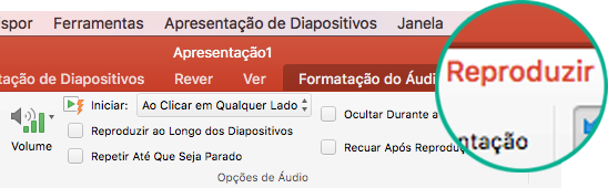 Quando um vídeo estiver selecionado num diapositivo, o separador Reproduzir é apresentado no friso da barra de ferramentas para definir opções de reprodução de vídeo.