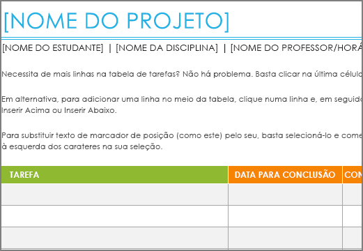 Versão antiga do modelo Lista de tarefas de projeto, com um tipo de letra mínimo de 8,5p.