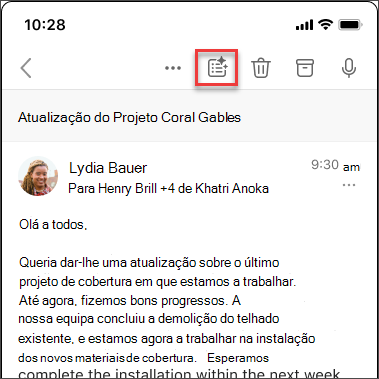 Ícone de resumir do Copilot para resumir o tópico de e-mail no iOS e Android.