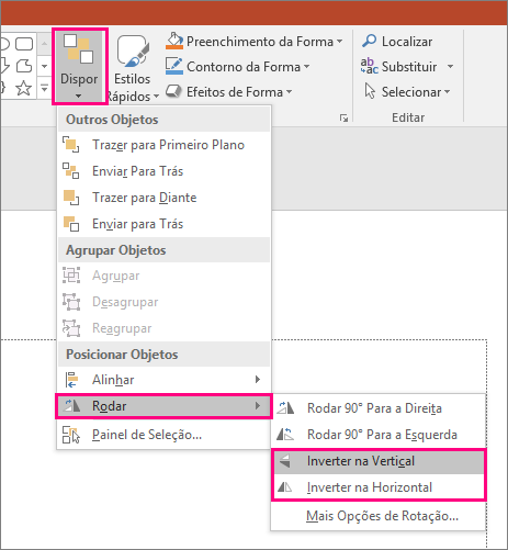 Mostra as opções Dispor > Rodar > Inverter no PowerPoint.