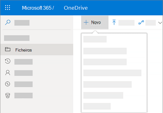 Captura de ecrã da seleção do menu Novo para criar um novo documento no OneDrive para Empresas