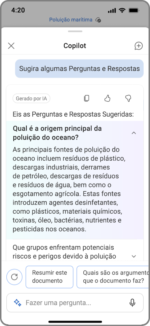 Captura de ecrã do Copilot no Word no dispositivo iOS com os resultados sugeridos do Q&As do Copilot