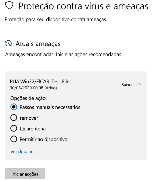 As ações que pode efetuar quando a Segurança do Windows detetar uma aplicação potencialmente indesejada