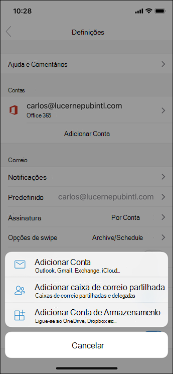 Adicione uma conta à aplicação Outlook