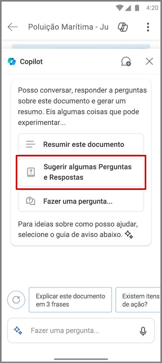 Captura de ecrã do Copilot no Word no dispositivo Android com o pedido Sugerir algumas Q&A realçado