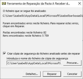 Mostra os resultados do ficheiro de dados .pst do Outlook analisado com a ferramenta de Reparação da Caixa de Entrada (SCANPST.EXE)