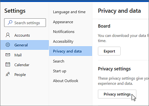 Menu de dados e privacidade geral das definições