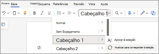 Mostra um cabeçalho selecionado na lista de estilos e, à direita, uma lista expandida com a opção "Atualizar para corresponder à seleção" realçada.