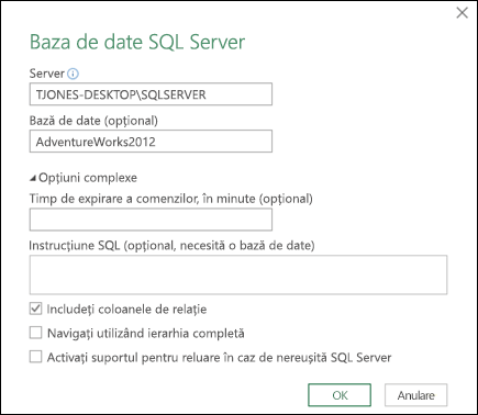 Power Query SQL Server dialog conexiune bază de date