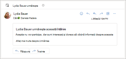 Captură de ecran afișând răspunsul prin e-mail al participantului care urmărește întâlnirea