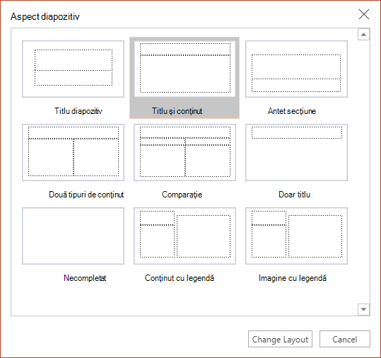 Caseta de dialog Aspect diapozitiv din PowerPoint pentru web.