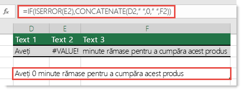 Funcțiile IF și ISERROR utilizate ca soluție pentru a concaatena un șir cu #VALUE! eroare