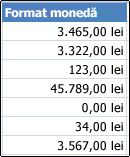 Formatul Monedă aplicat pentru celule