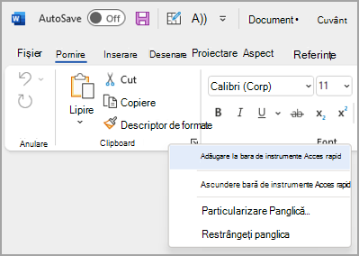 Imagine cu lista verticală pentru particularizarea barei de instrumente Acces rapid pentru a adăuga comenzi