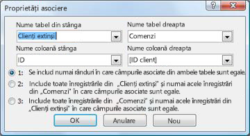 Caseta de dialog Proprietăți unire