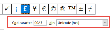 Câmpul Din vă spune că acesta este un simbol Unicode