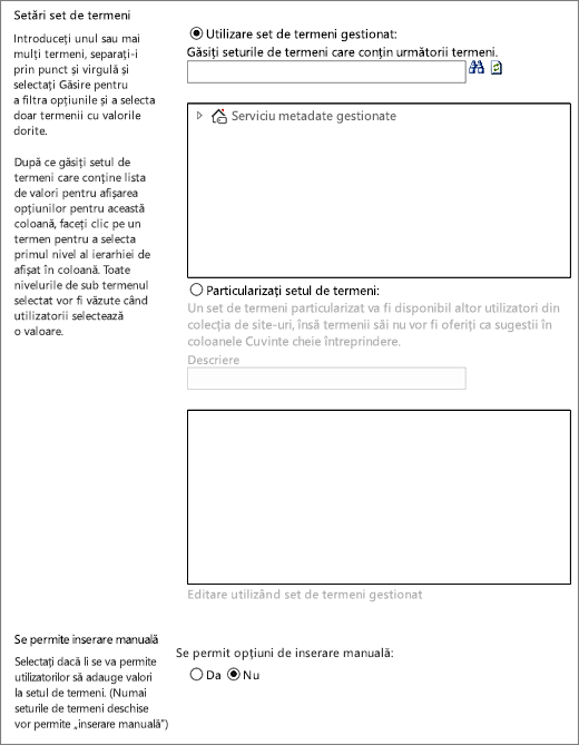 Opțiuni pentru coloana Metadate gestionate