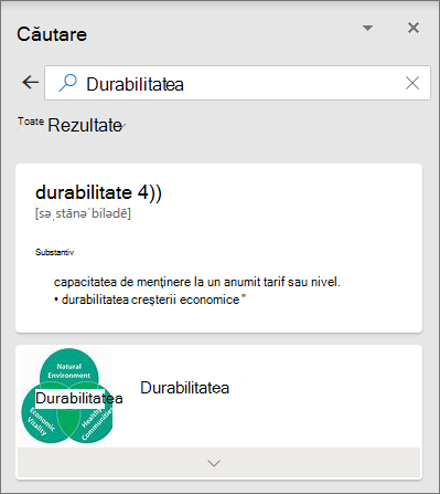 Panoul cu rezultatele căutării inteligente