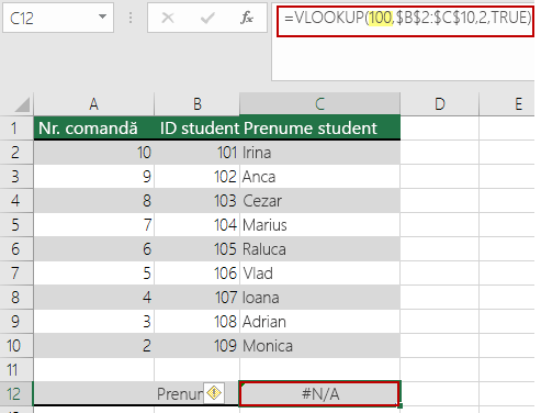 Eroarea N/A din VLOOKUP atunci când valoarea de căutare este mai mică decât cea mai mică valoare din matrice