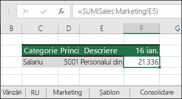 Formulă referințe foaie 3D Excel