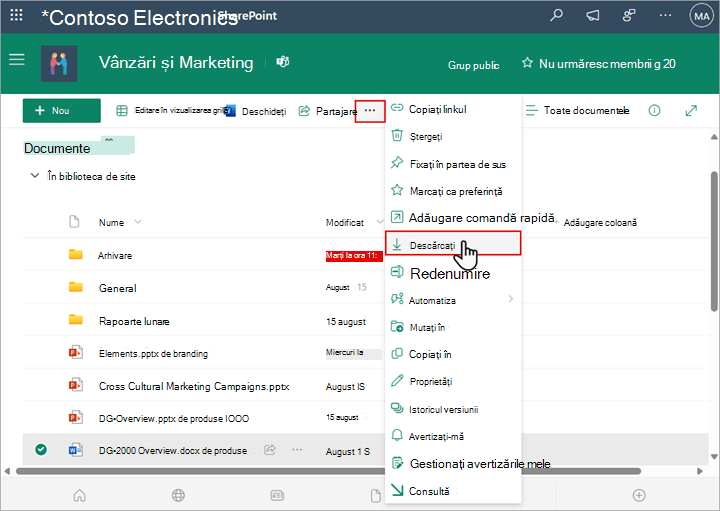 Utilizați comanda Descărcare SharePoint pentru a descărca și a salva o copie locală a unui fișier sau folder.