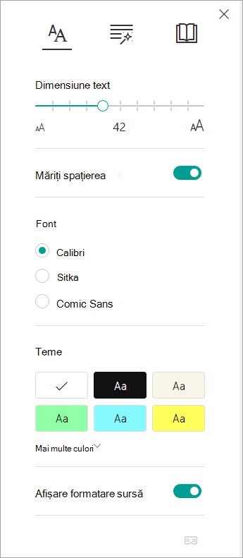 Opțiuni text în Immersive Reader.