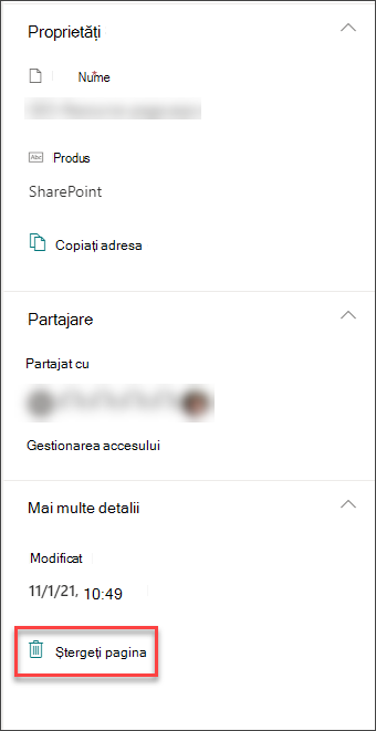 Captură de ecran a opțiunii de ștergere a paginii din panoul de detalii al paginii