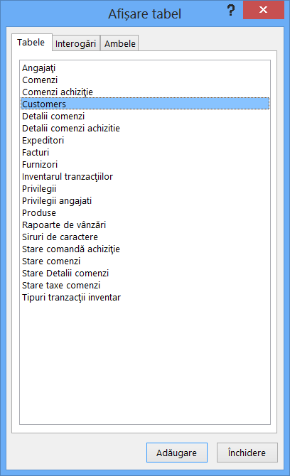 Caseta de dialog Afișare tabel din Access afișând numele de tabel
