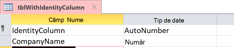 Afișați că o coloană identitate este identificată ca un câmp Numerotare automată