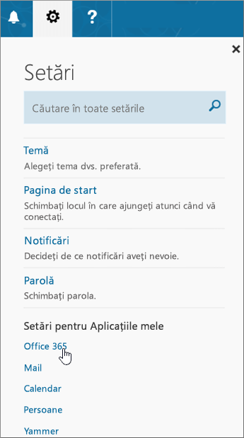 Panoul Setări Office 365