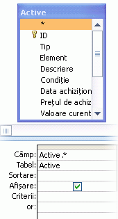 O interogare cu toate câmpurile de tabel adăugate