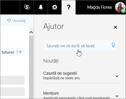 Captură de ecran a panoului ajutor în Outlook pe web, afișând caseta spune-mi.