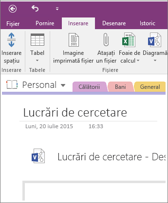 Captură de ecran cu inserarea unei noi diagrame Visio în OneNote 2016.