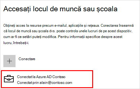 Ecranul Accesați ecranul de la locul de muncă sau de la școală cu contul contoso conectat