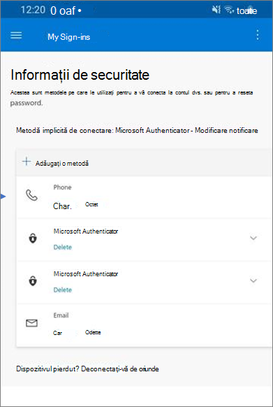 Pagina Activitate recentă cu informații de securitate