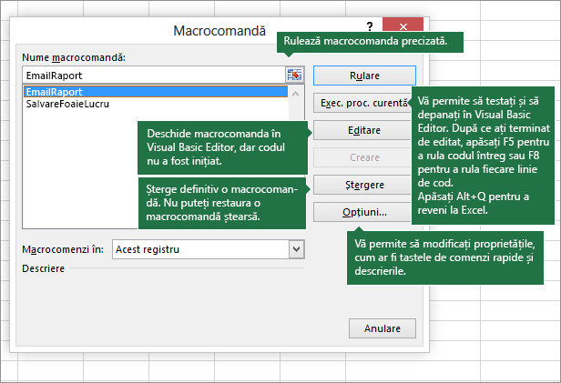 Casetă de dialog Macrocomandă