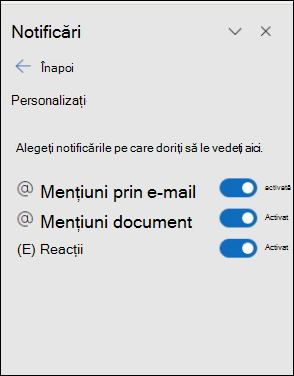 Panoul Setări notificare Outlook