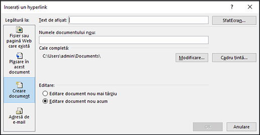 Crearea unui hyperlink la un fișier nou