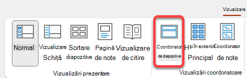 Butonul Coordonator de diapozitive de pe fila Vizualizare din PowerPoint.