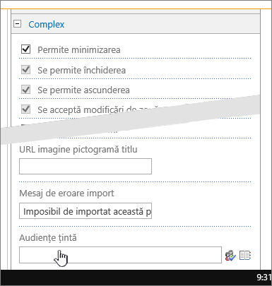 Web part properties advanced section with target audience highlighted