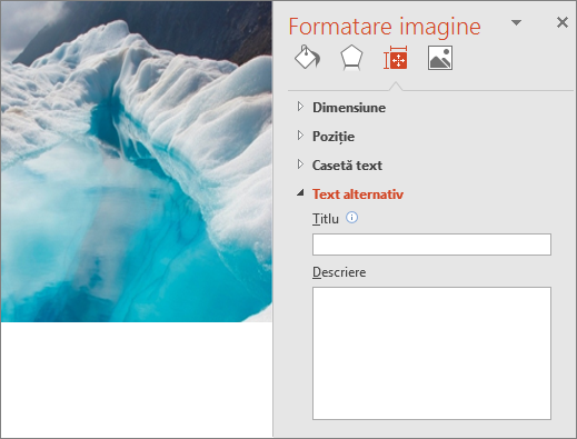Imagine cu un lac glaciar veche, cu caseta de dialog Formatare imagine indicând că nu există niciun text alternativ în caseta Descriere.
