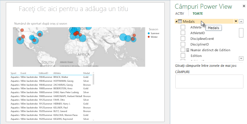 Tabelul Power View include automat seturi de câmpuri implicite