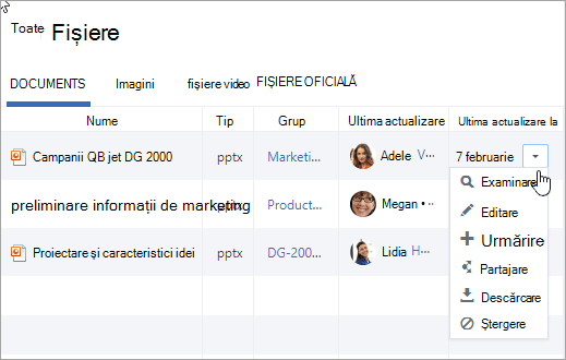 Lista verticală din Ultima actualizare din coloană afișează acțiunile posibile