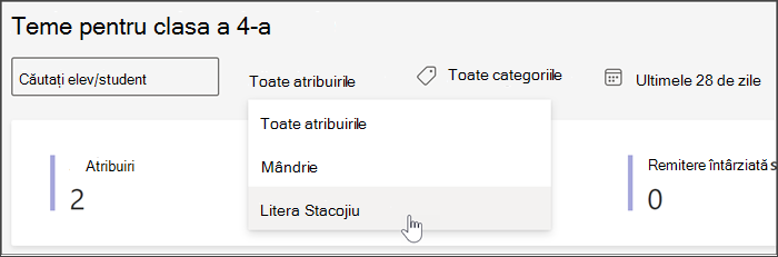 captură de ecran a filtrelor disponibile în vizualizarea Teme și Note din Detalii. puteți căuta după elev/student, după temă după etichetă sau după dată.