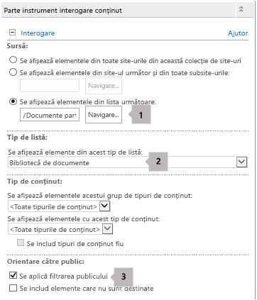 Content Query Web Part properties list with three callouts