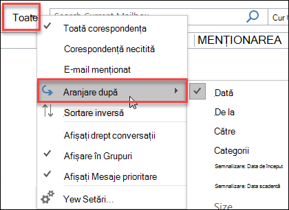 Meniul Toate Outlook