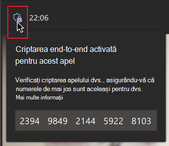 Un mouse trece peste pictograma scutului de criptare. Un mesaj cu un grup de numere arată cum să îi spuneți persoanei să verifice dacă numerele se potrivesc cu alte persoane în timpul apelului, pentru a vă asigura că sunt într-un apel criptat end-to-end.